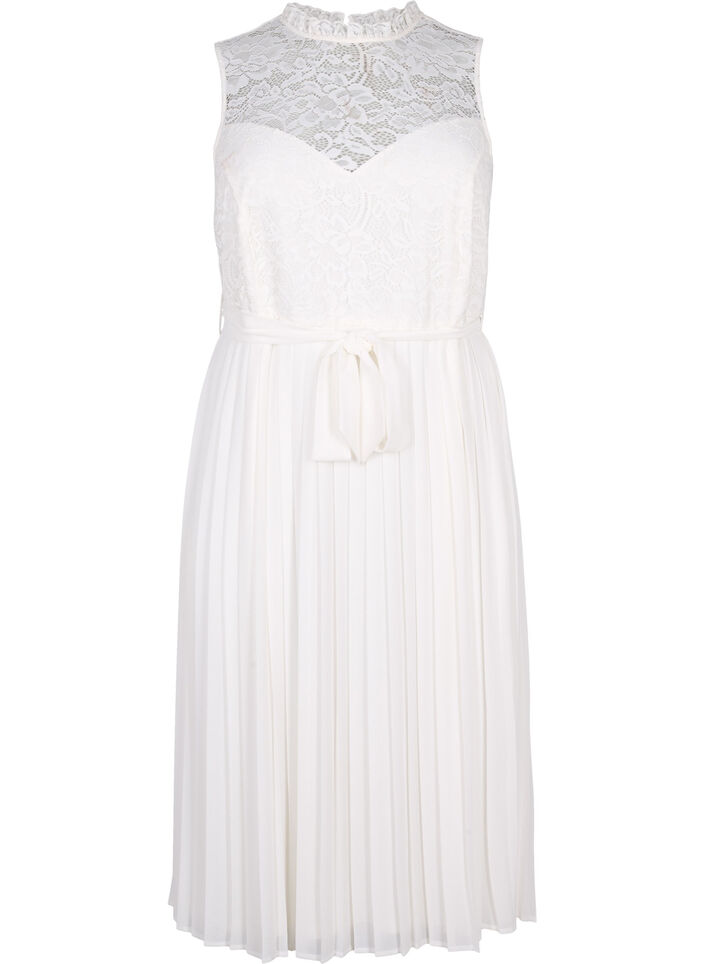 Sleeveless dress with lace and pleats, Bright White, Packshot image number 0