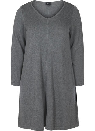 Plain V-neck knitted dress, Dark Grey Melange, Packshot image number 0