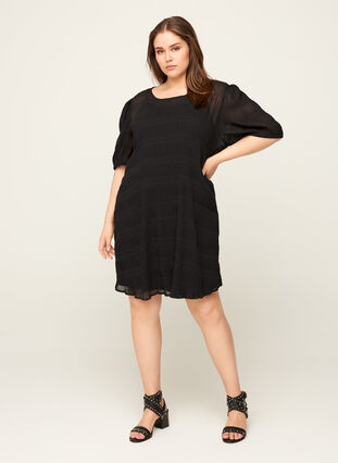 Textured tunic with puff sleeves, Black, Model image number 2