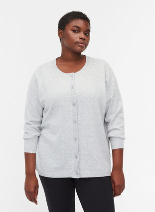 Short melange knitted cardigan with button fastening, Light Grey Melange, Model image number 0