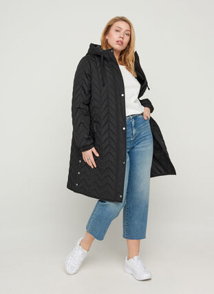 Quilted jacket with hood, Black, Model image number 0