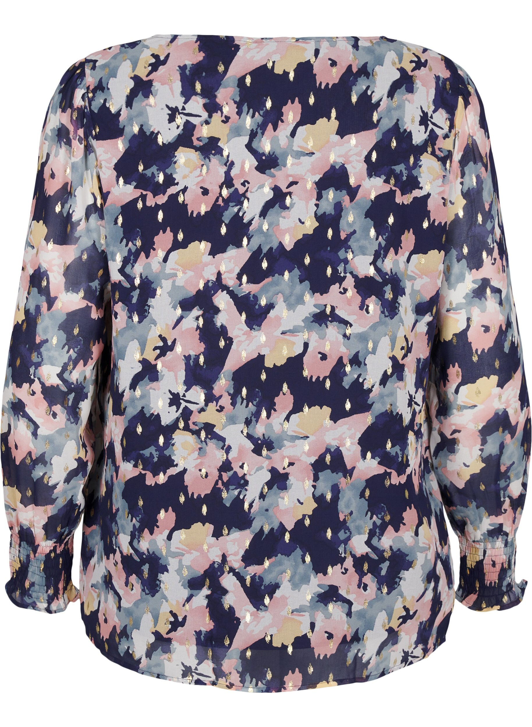 Zizzifashion Floral blouse with long sleeves and V-neck, Night Sky AOP Flower, Packshot image number 1