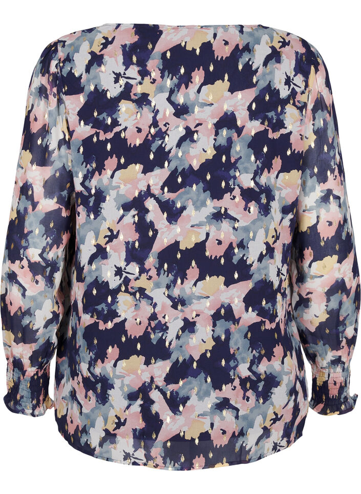 Floral blouse with long sleeves and V-neck, Night Sky AOP Flower, Packshot image number 1