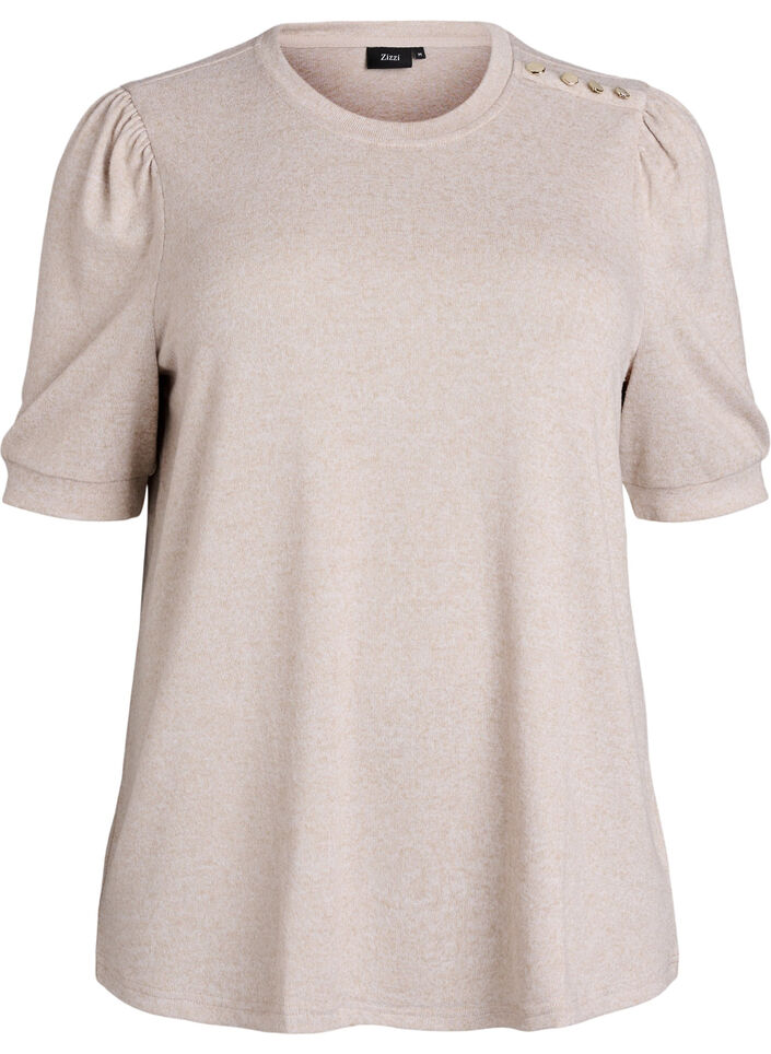 Blouse with button detail and short puff sleeves, Beige, Packshot image number 0