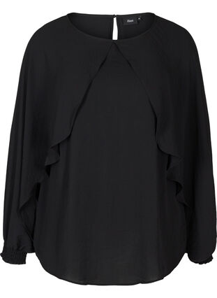 Blouse with balloon sleeves and smocking, Black, Packshot image number 0