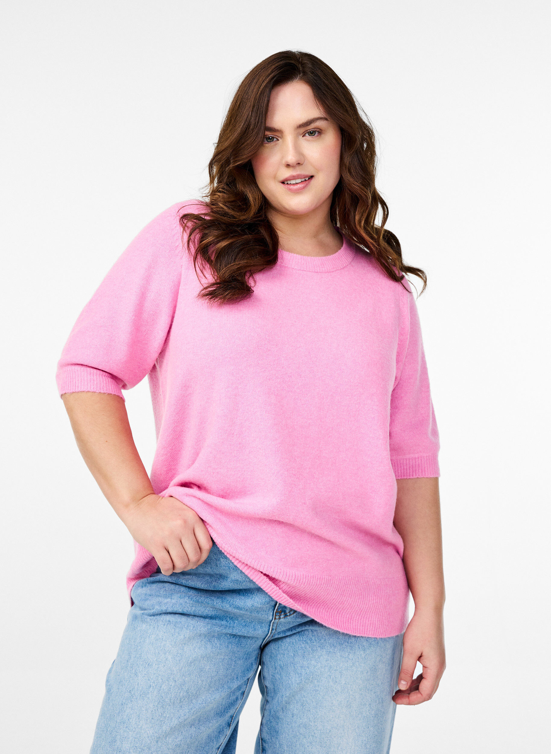 Zizzifashion Knitted blouse with short sleeves, Pink, Model image number 0