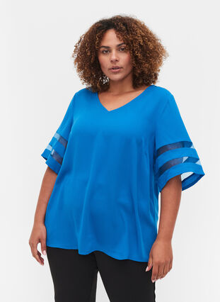 Short-sleeved blouse with v-neck, Princess Blue, Model image number 0