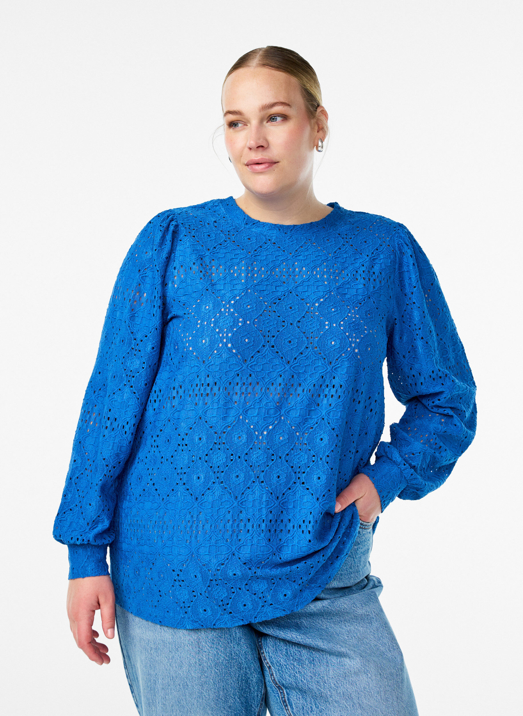 Long-sleeved blouse with eyelet embroidery, Blue, Model