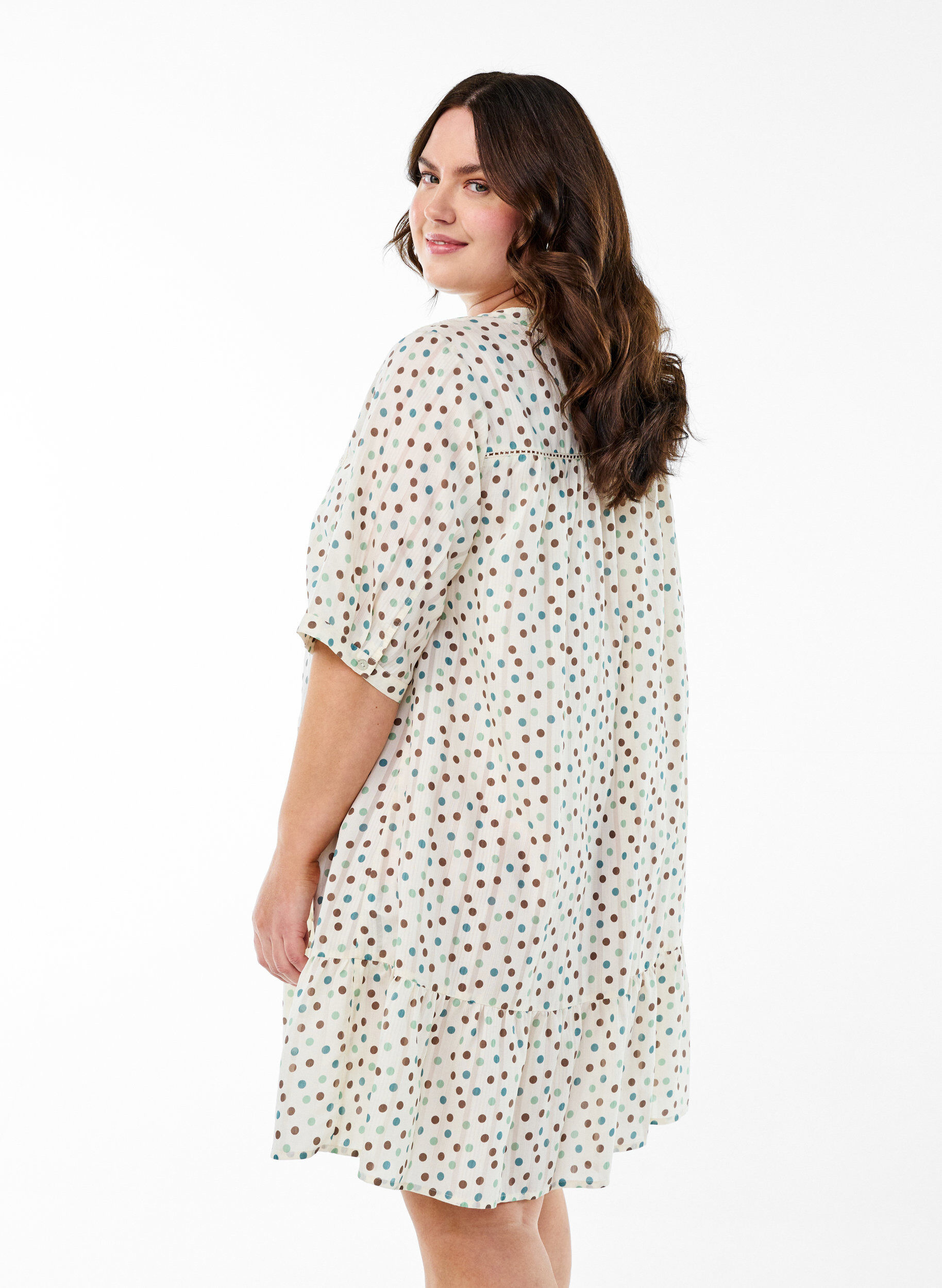 Zizzifashion Short viscose dress with lace trim and an A-line cut, White, Model image number 2