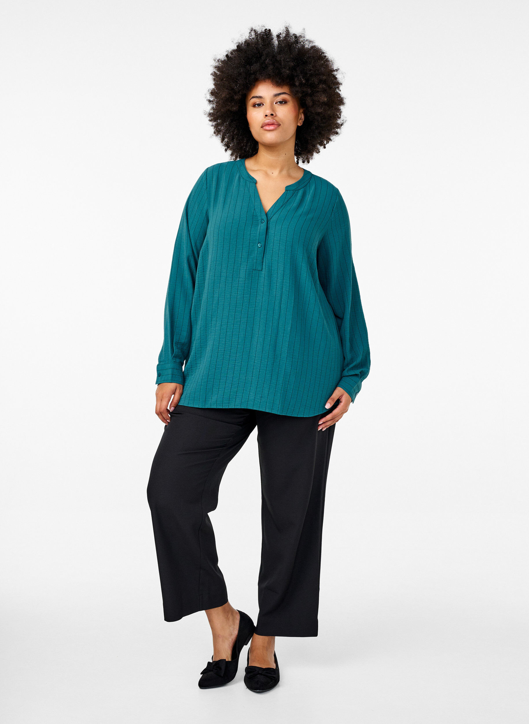 Zizzifashion FLASH - Pinstripe shirt blouse, Green, Model image number 1