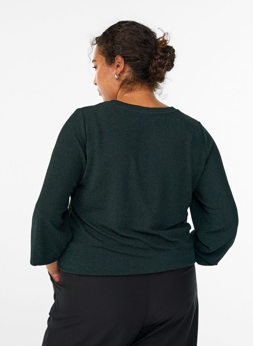 Blouse with herringbone pattern and glitter thread, Green, Model image number 2