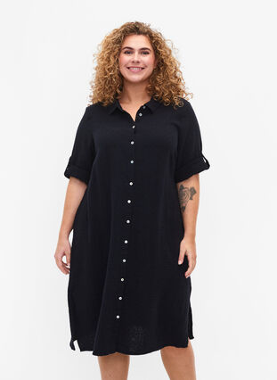 Cotton shirt dress with short sleeves, Black, Model image number 0
