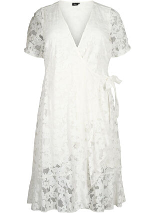 Wrap dress with lace and short sleeves, Bright White, Packshot image number 0