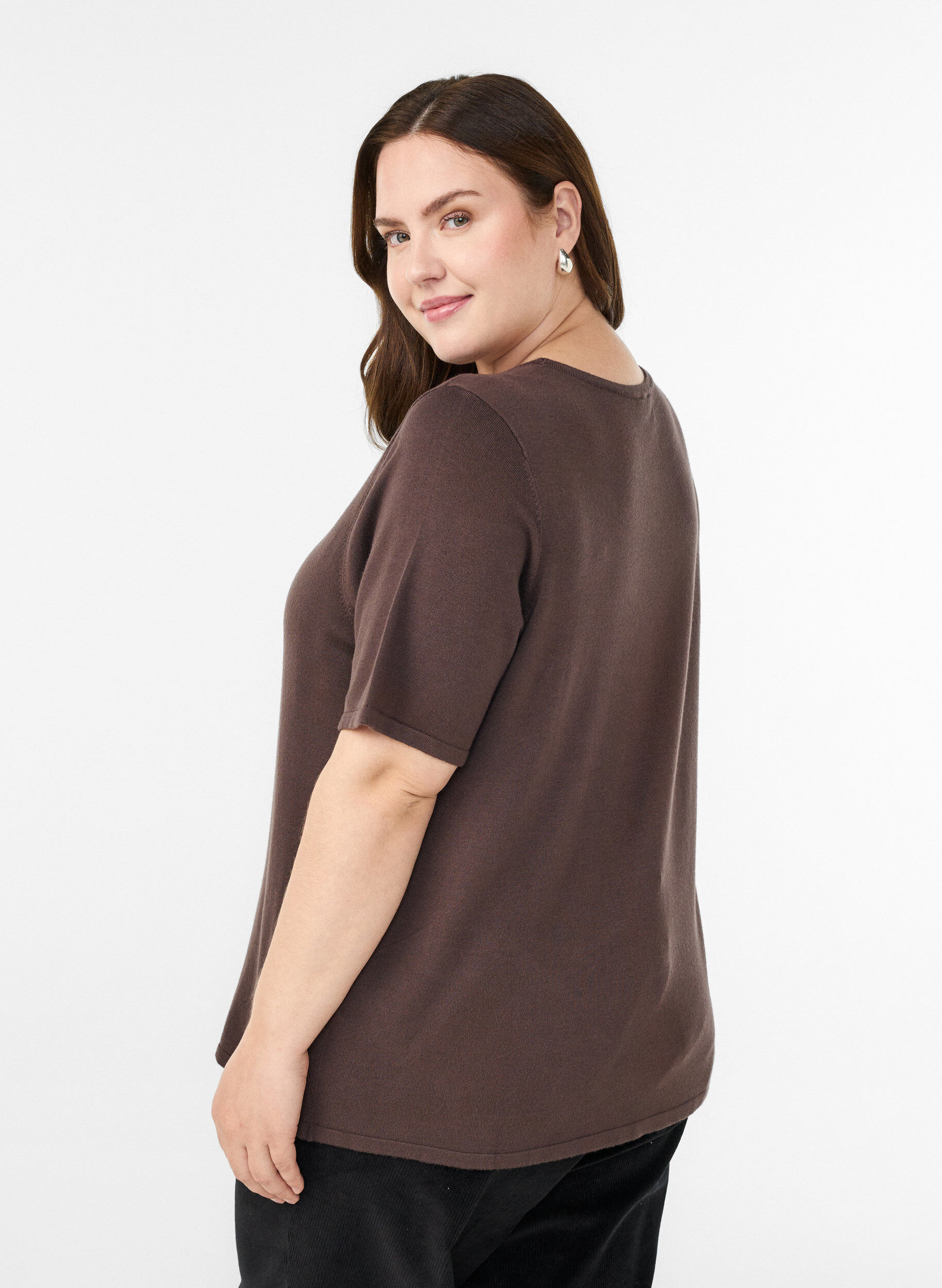 Zizzifashion Short-sleeved knit blouse in viscose, Brown, Model image number 1