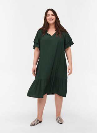 Short-sleeved dress with A-line cut and pockets, Scarab, Model image number 2