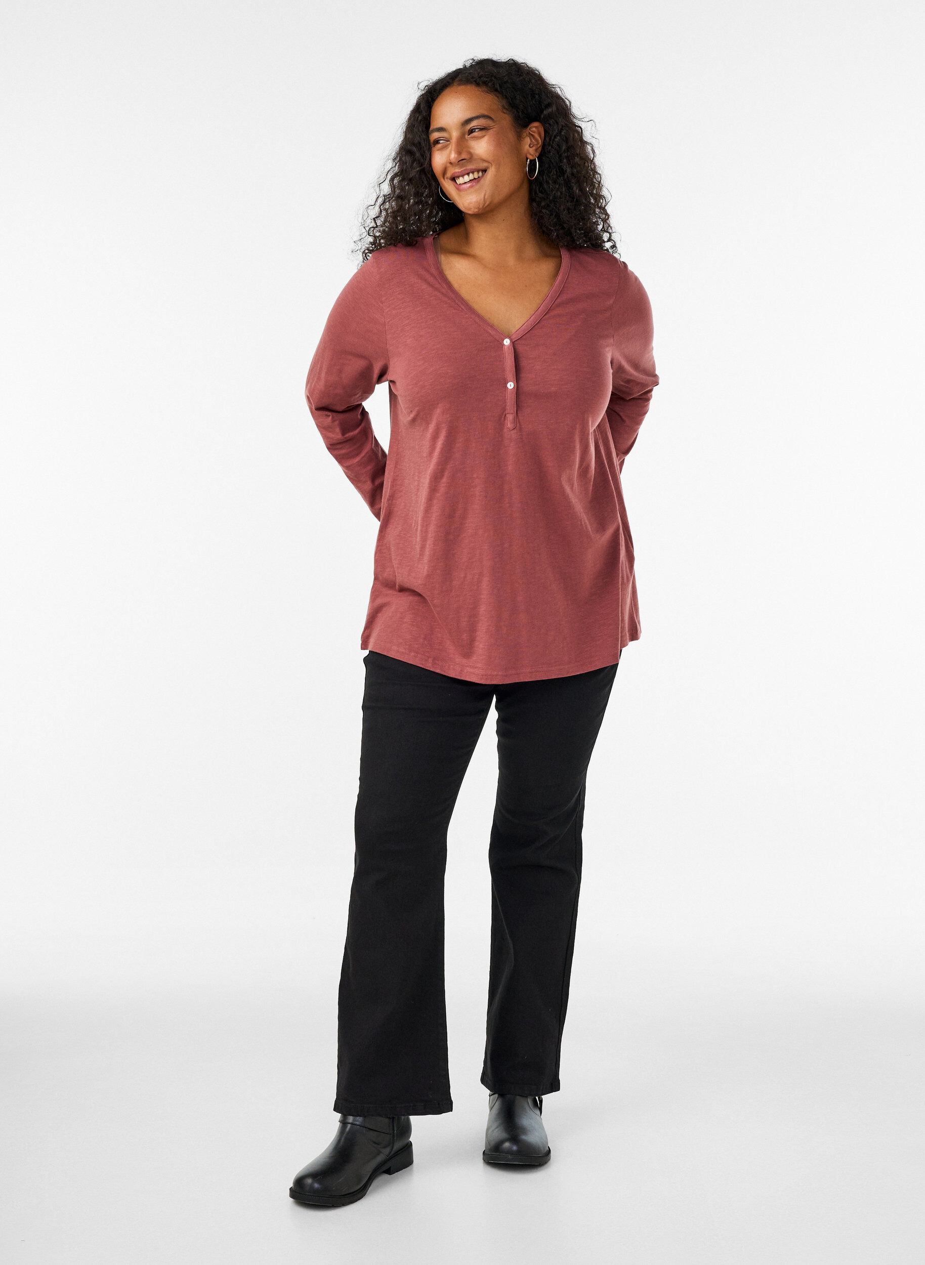 ZizzifashionLong-sleeved t-shirt with V-neck and buttons, Brown, Model image number 1