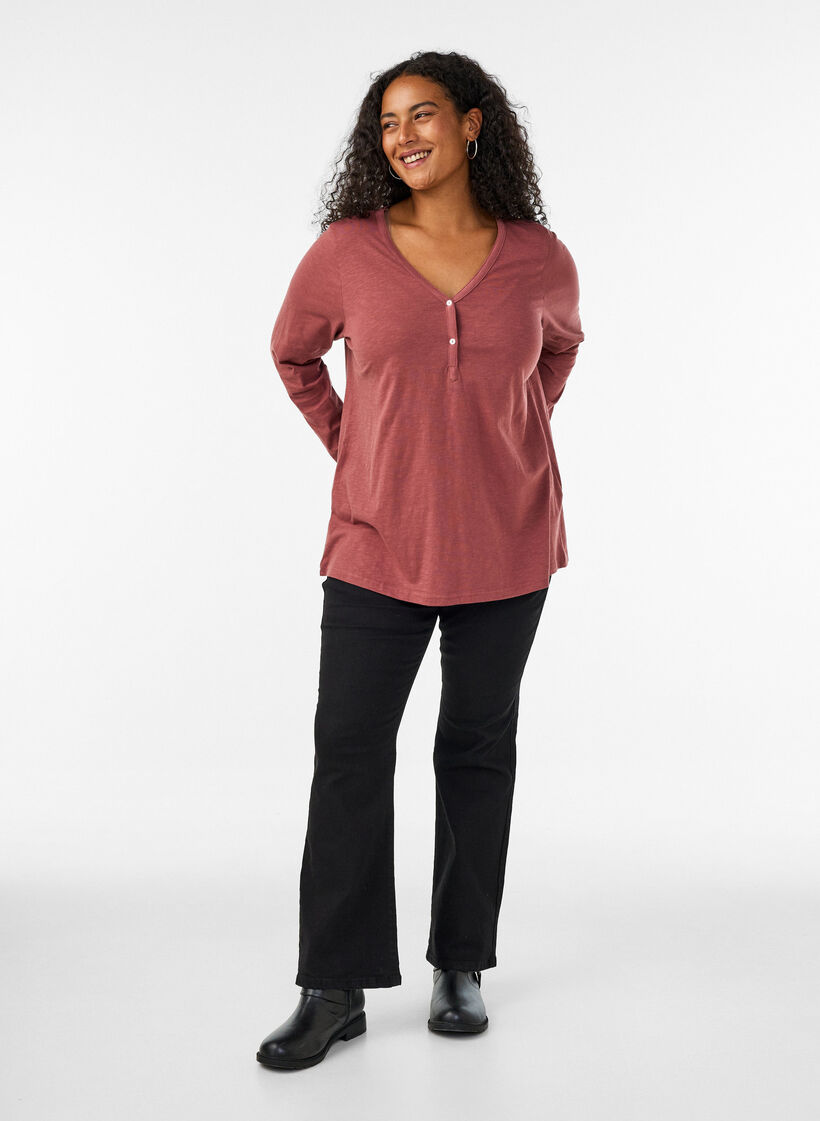 Long-sleeved t-shirt with V-neck and buttons, Brown, Model image number 1