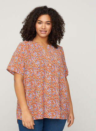 Printed blouse with short sleeves, Orange Flower AOP, Model image number 0