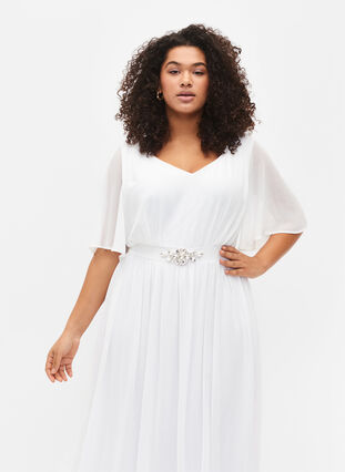 Maxi dress with pleats and short sleeves, Bright White, Model image number 2
