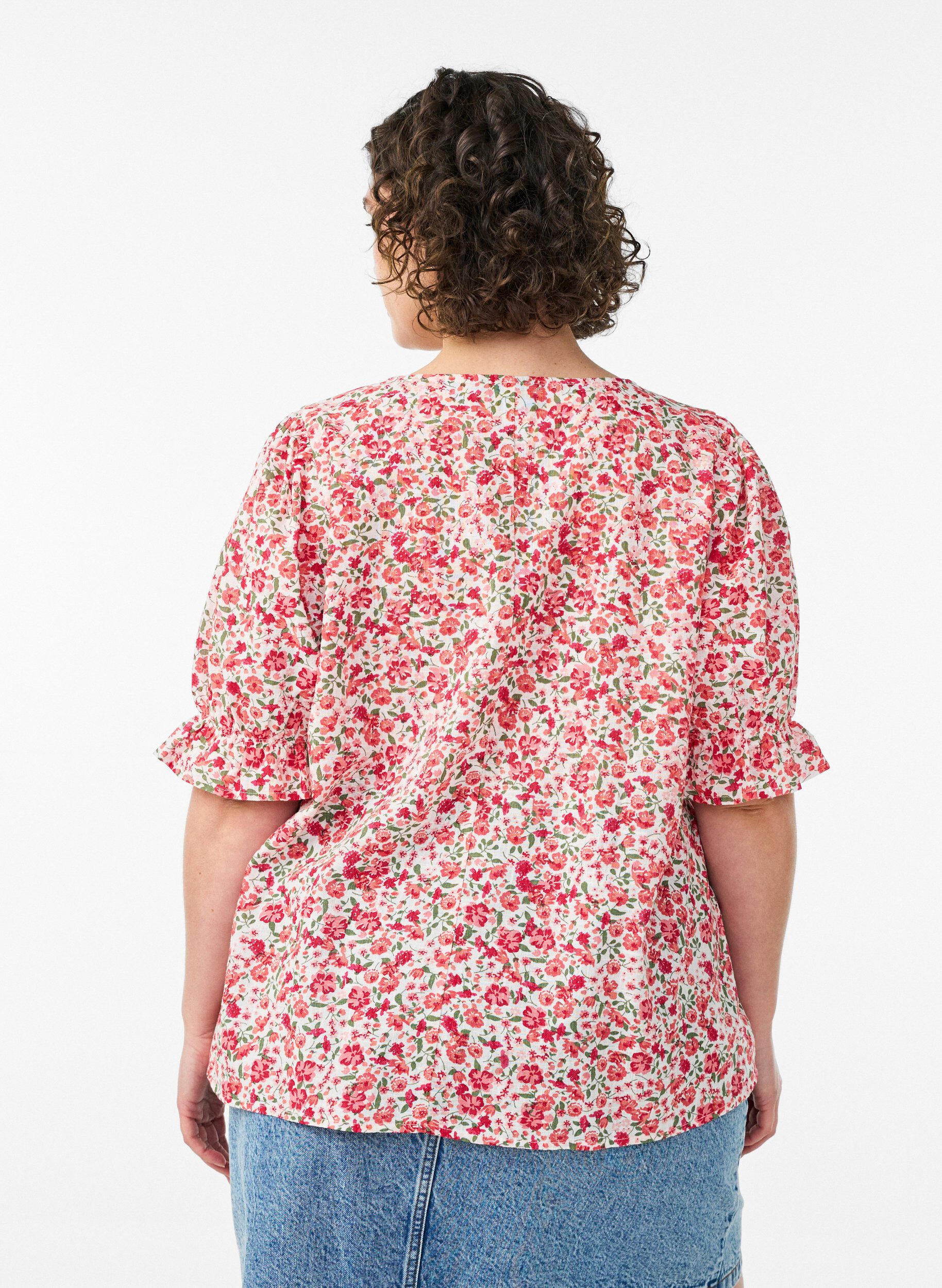Zizzifashion Cotton blouse with a square neckline, Red, Model image number 2