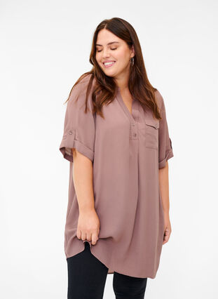Viscose tunic with short sleeves, Deep Taupe, Model image number 0