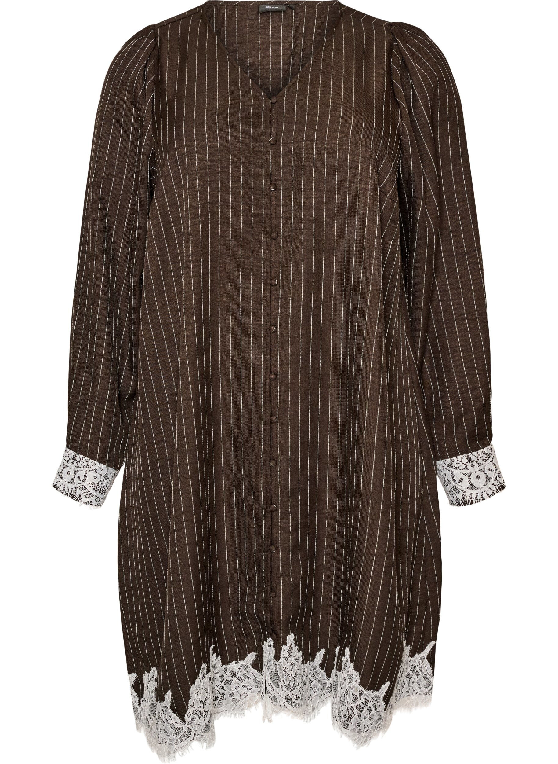 ZizzifashionKnee-length dress with pinstripes and lace trim, Brown, Packshot image number 0