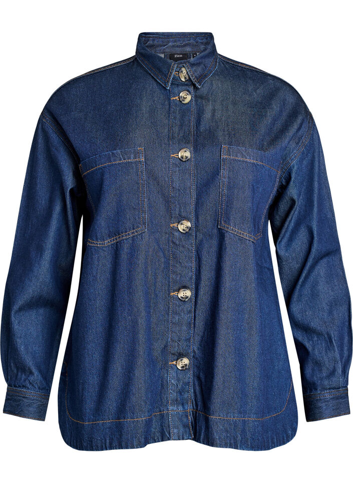 Loose denim shirt with chest pockets, Blue, Packshot image number 0