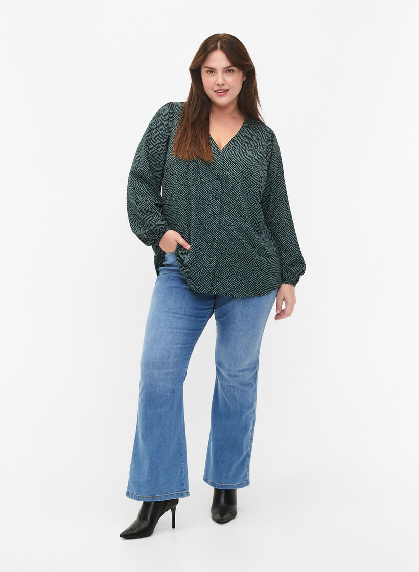 Shirt blouse with v-neck and print, Scarab Graphic AOP, Model image number 2