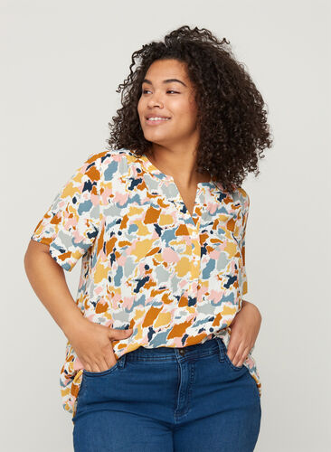 Printed blouse with short sleeves, Multicolor AOP, Model image number 0