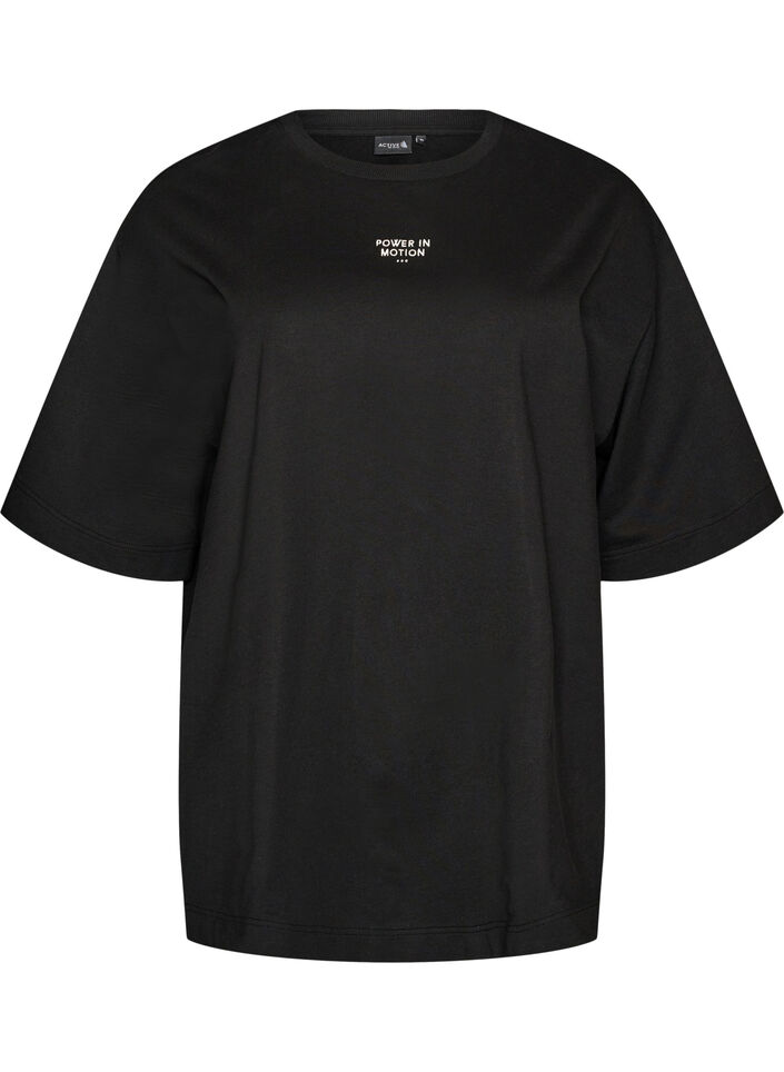 Active T-shirt with a loose fit and embroidered statement, Black, Packshot image number 0