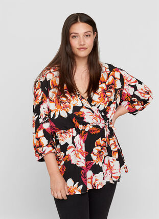 Viscose blouse with 3/4-length sleeves, Black Big Flower , Model image number 0