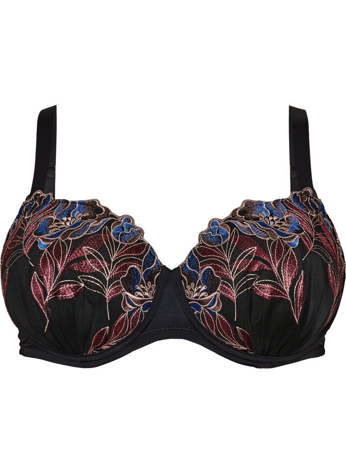 Moulded bra with floral embroidery, Black, Packshot image number 0