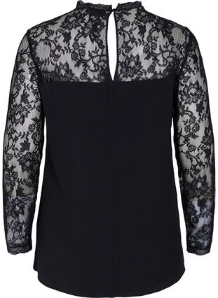 Long-sleeved viscose blouse with lace, Black, Packshot image number 1