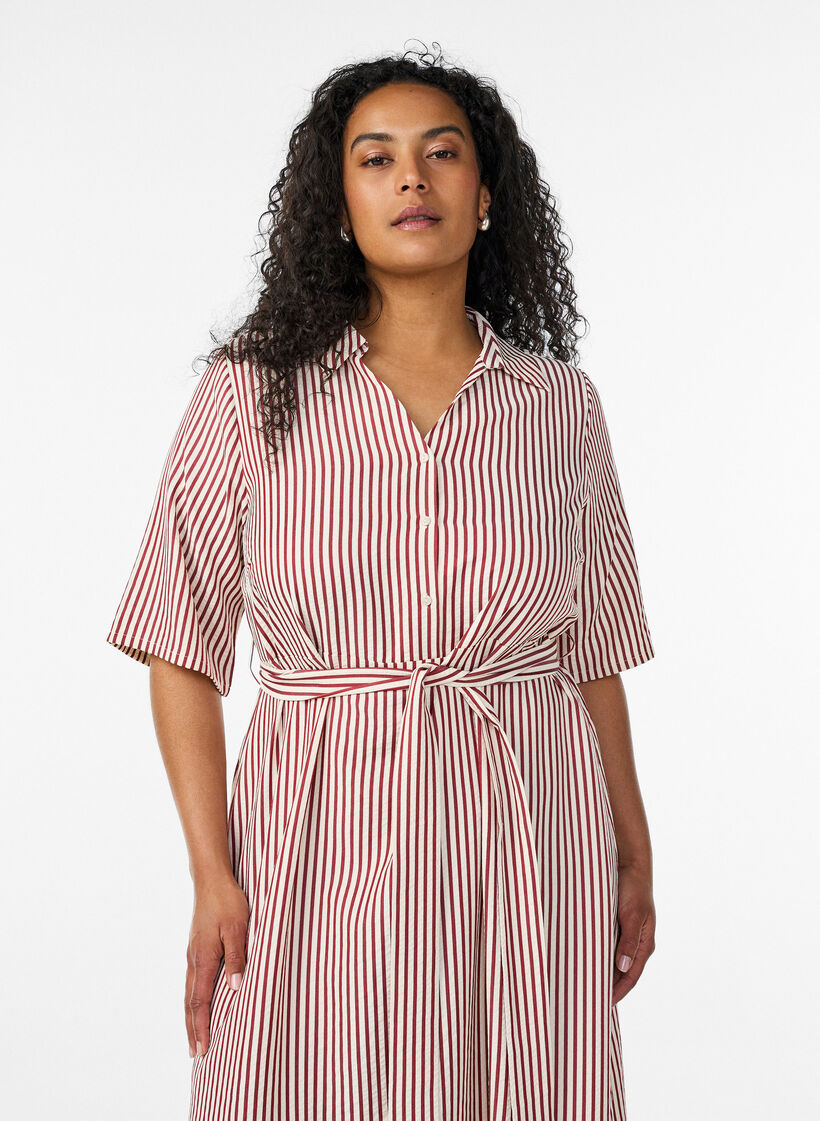 Ankle-length shirt dress with tie belt and stripes, Red, Model image number 2