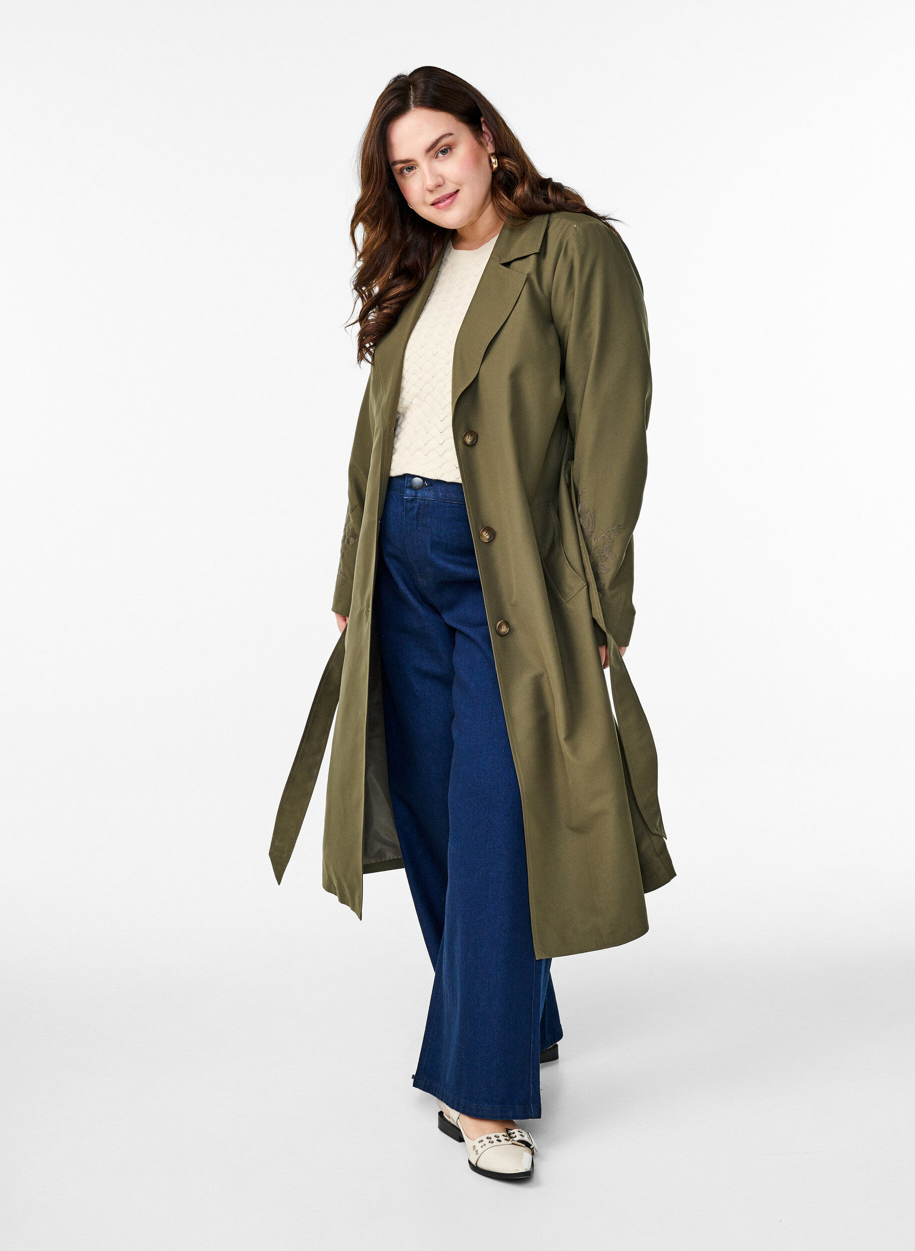 Zizzifashion Long trench coat with embroidery, Green, Model image number 1