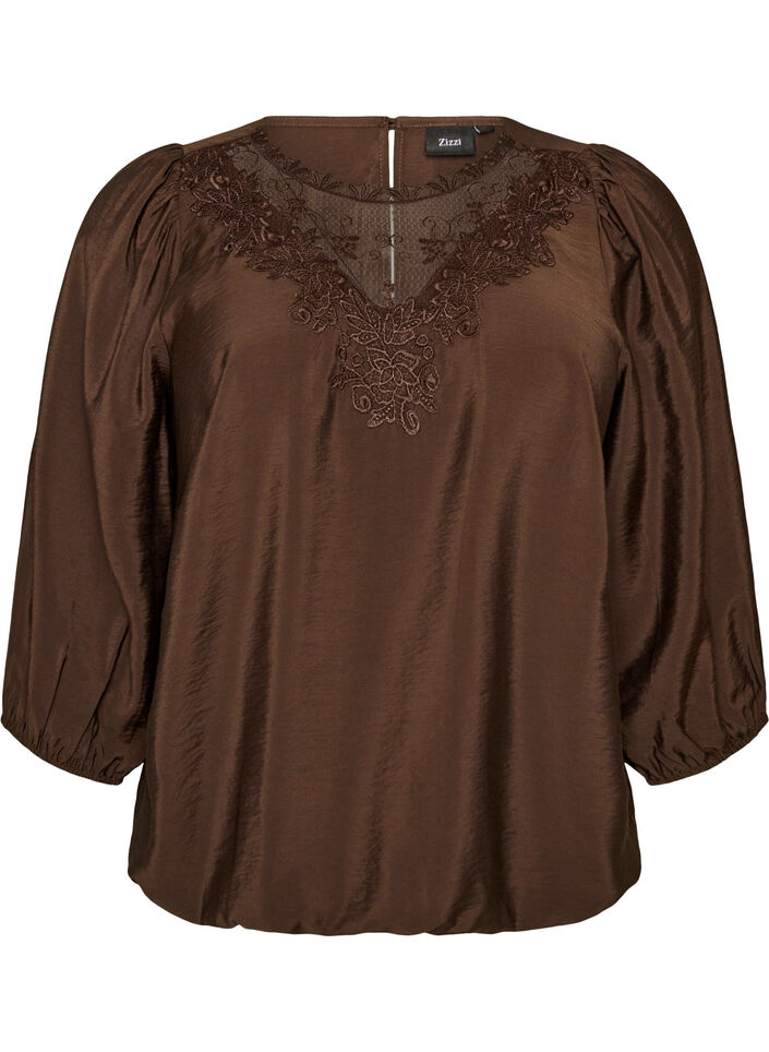 Blouse with 3/4 sleeves and lace details, Brown, Packshot image number 0