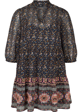 Floral tunic with 3/4-length sleeves and tie detail, Navy Blazer AOP, Packshot image number 0