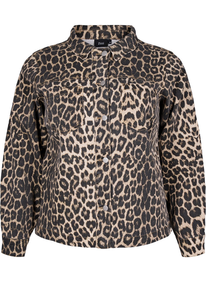 Denim jacket with leopard print and chest pockets, Brown, Packshot image number 0