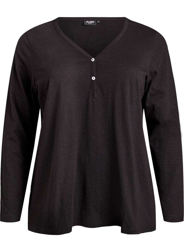Long-sleeved t-shirt with V-neck and buttons, Black, Packshot image number 0