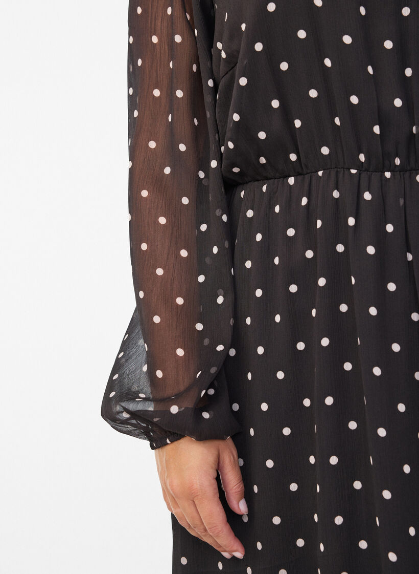 Chiffon dress with polka dots and long sleeves, Brown, Model image number 2