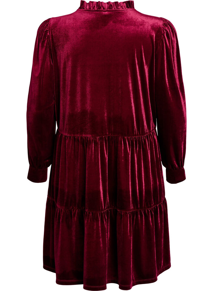 Short velour dress with a ruffle collar and long sleeves, Red, Packshot image number 1