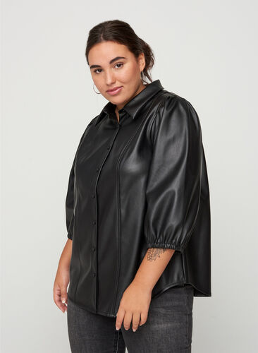 Synthetic leather shirt with 3/4-length puff sleeves, Black, Model image number 0