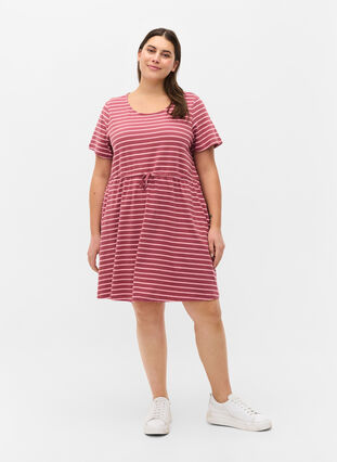 Short-sleeved cotton tunic with stripes, Apple Butter stripe, Model image number 2