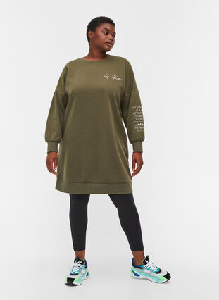 Mottled sweater dress with round neck, Olive Night, Model image number 3