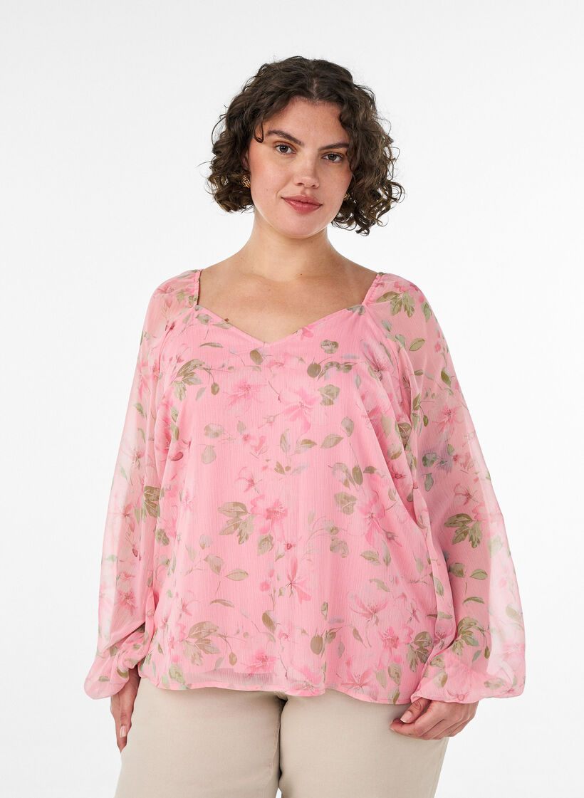 Chiffon blouse with floral print and long sleeves, Rose, Model image number 0