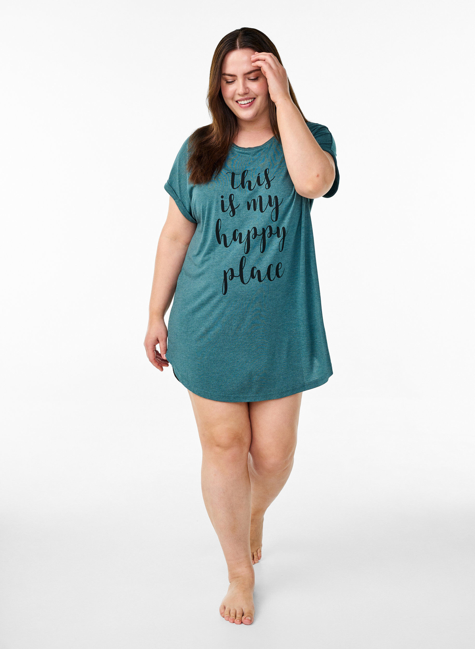 Zizzifashion Short sleeve nightgown with text print, Green, Model image number 1