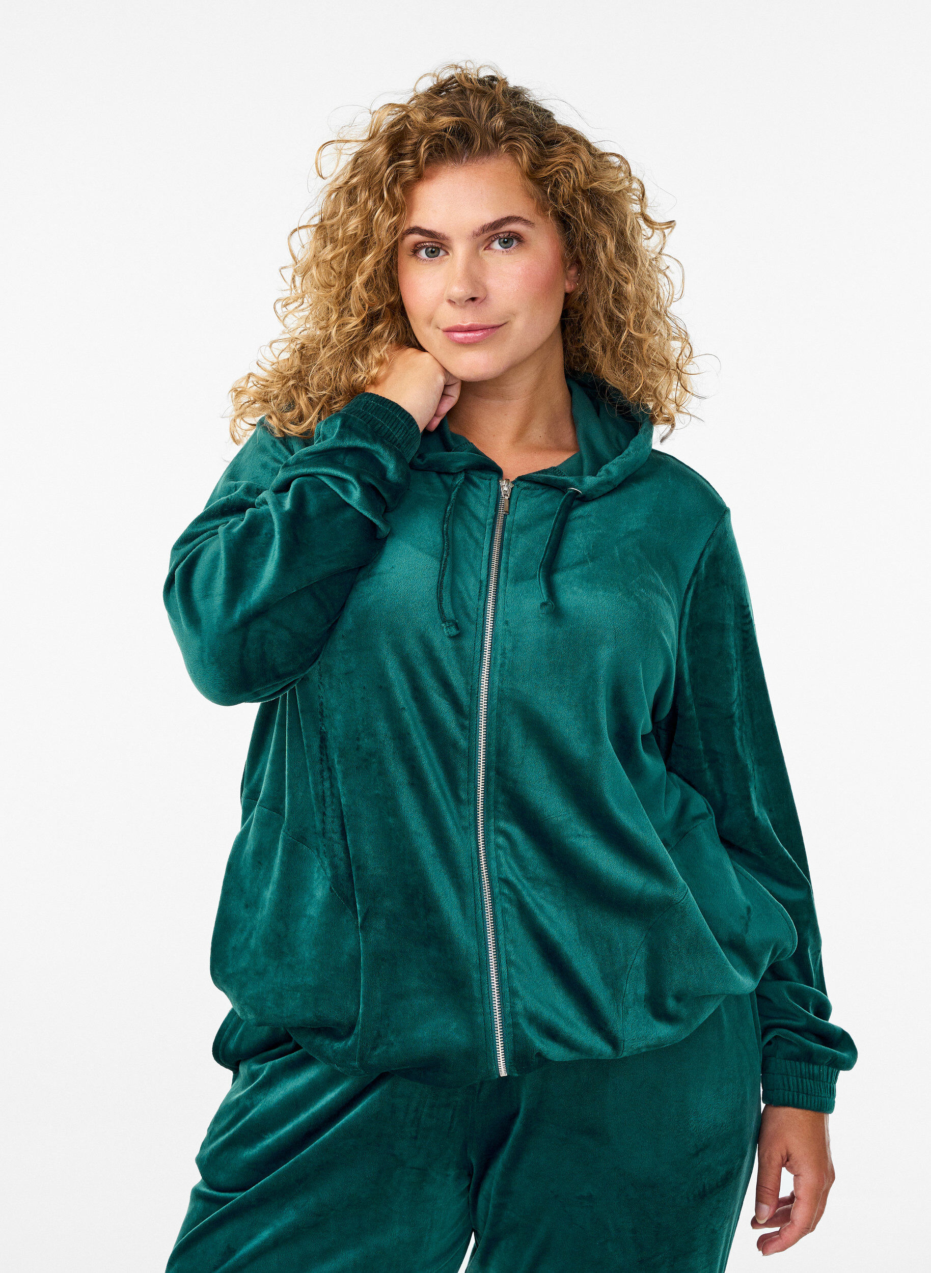 Velour cardigan with zip and hood, Green, Model