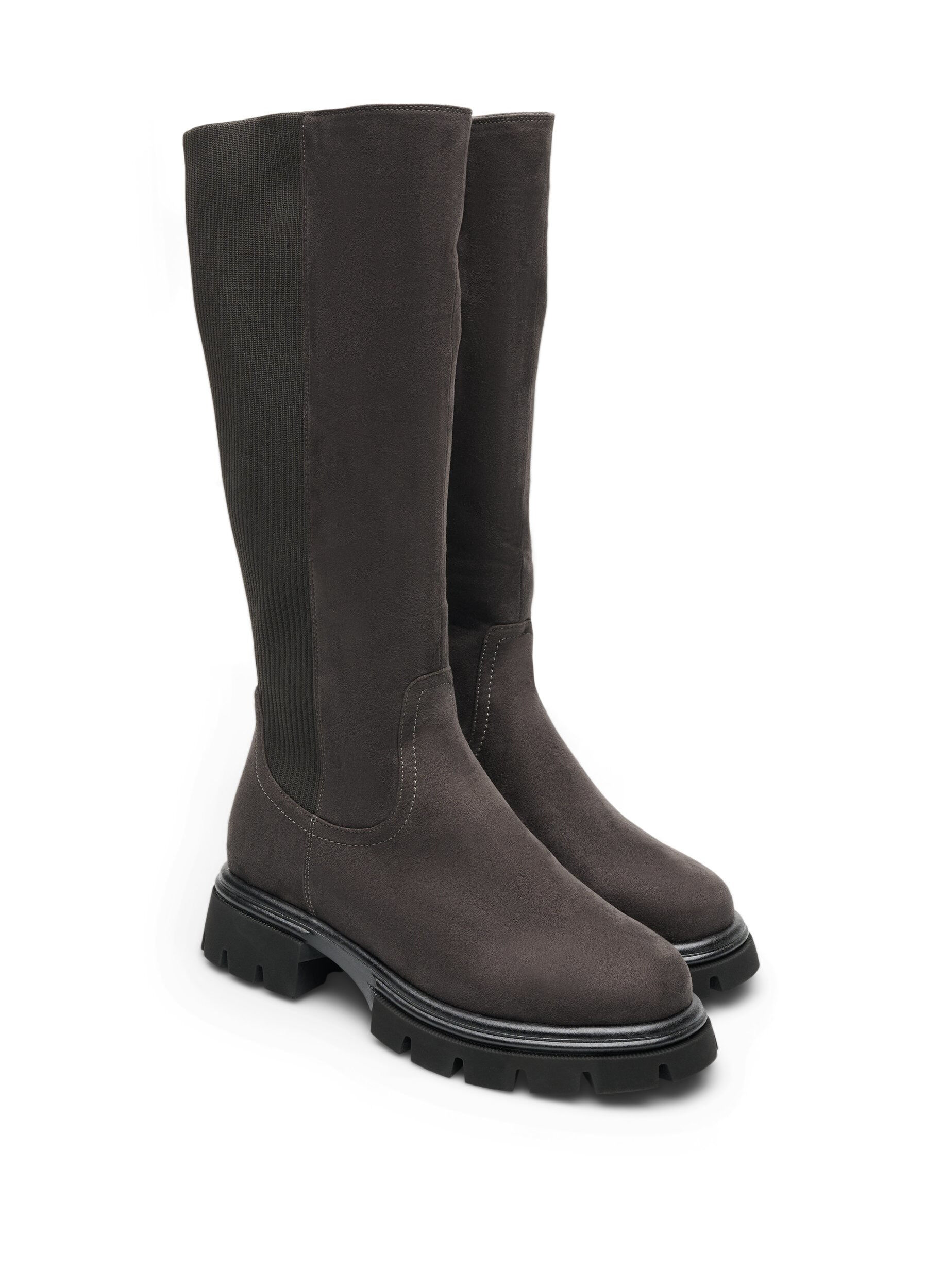 ZizzifashionTall boot in faux suede with ribbed panels, Brown, Packshot image number 1