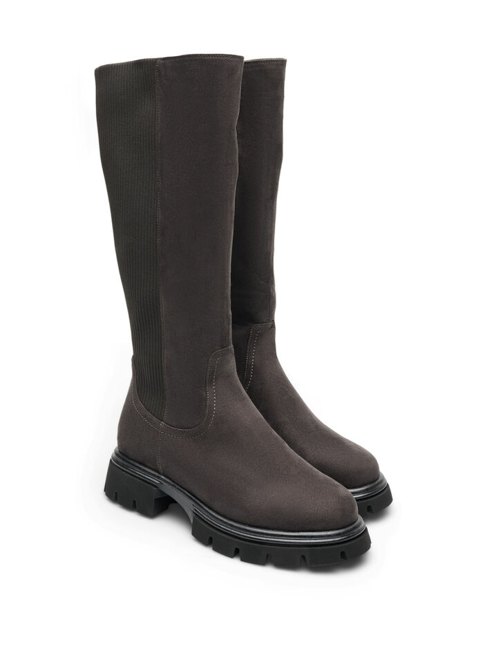 Tall boot in faux suede with ribbed panels, Brown, Packshot image number 1