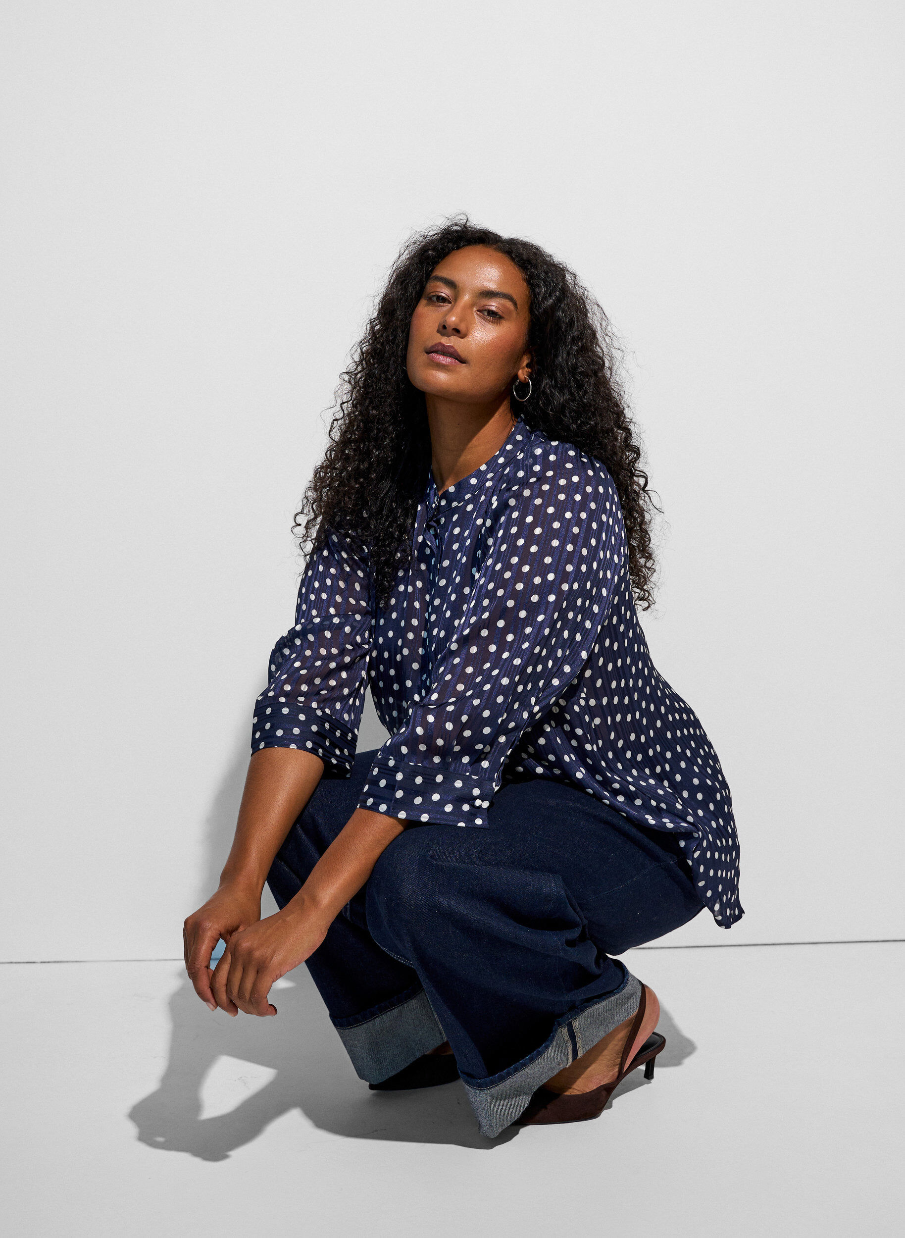 ZizzifashionPatterned shirt with a stand-up collar and 3/4-sleeves, Blue, Model image number 0